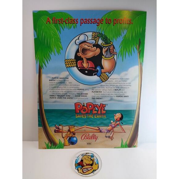 Popeye Saves The Earth Pinball Flyer + Plastic Promo Keychain Original NOS 1993 - Picture 4 of 5